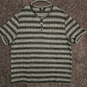 Vog Start Mens XXL Henley Shirt Short Sleeve Striped Textured Knit Grey Black
